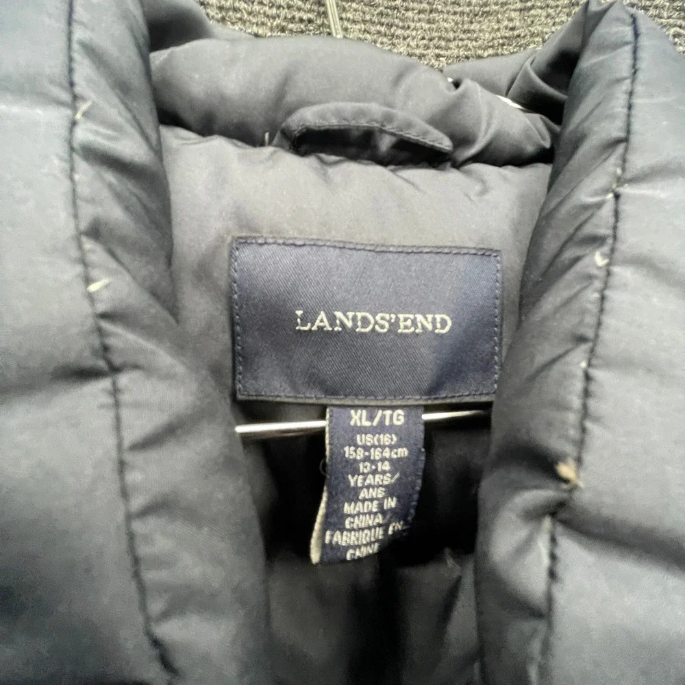 Lands' End Puffer Vest Kids XL 16 Navy Blue Down Filled Quilted Layering Navy